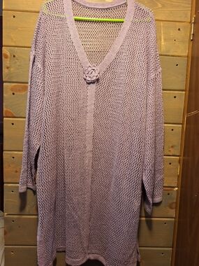 Lilac Open-Knit Long Cardigan Sweater with Flower Accent